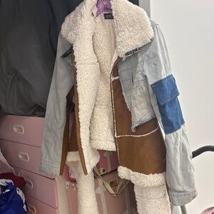 AKIRA Denim and Shearling Patchwork Jacket